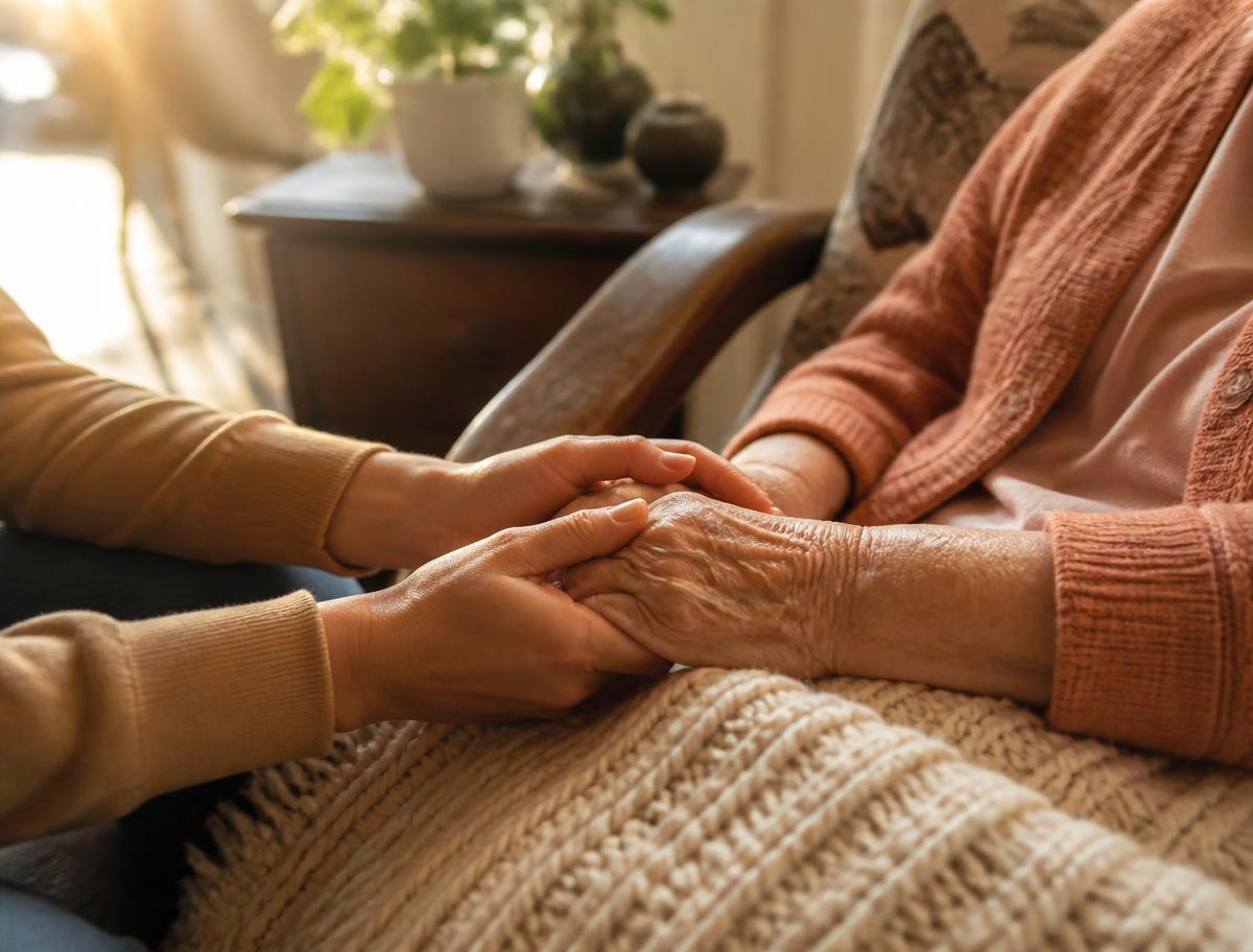 Betreuungskraft hält die Hand einer älteren Frau im Wohnzimmer