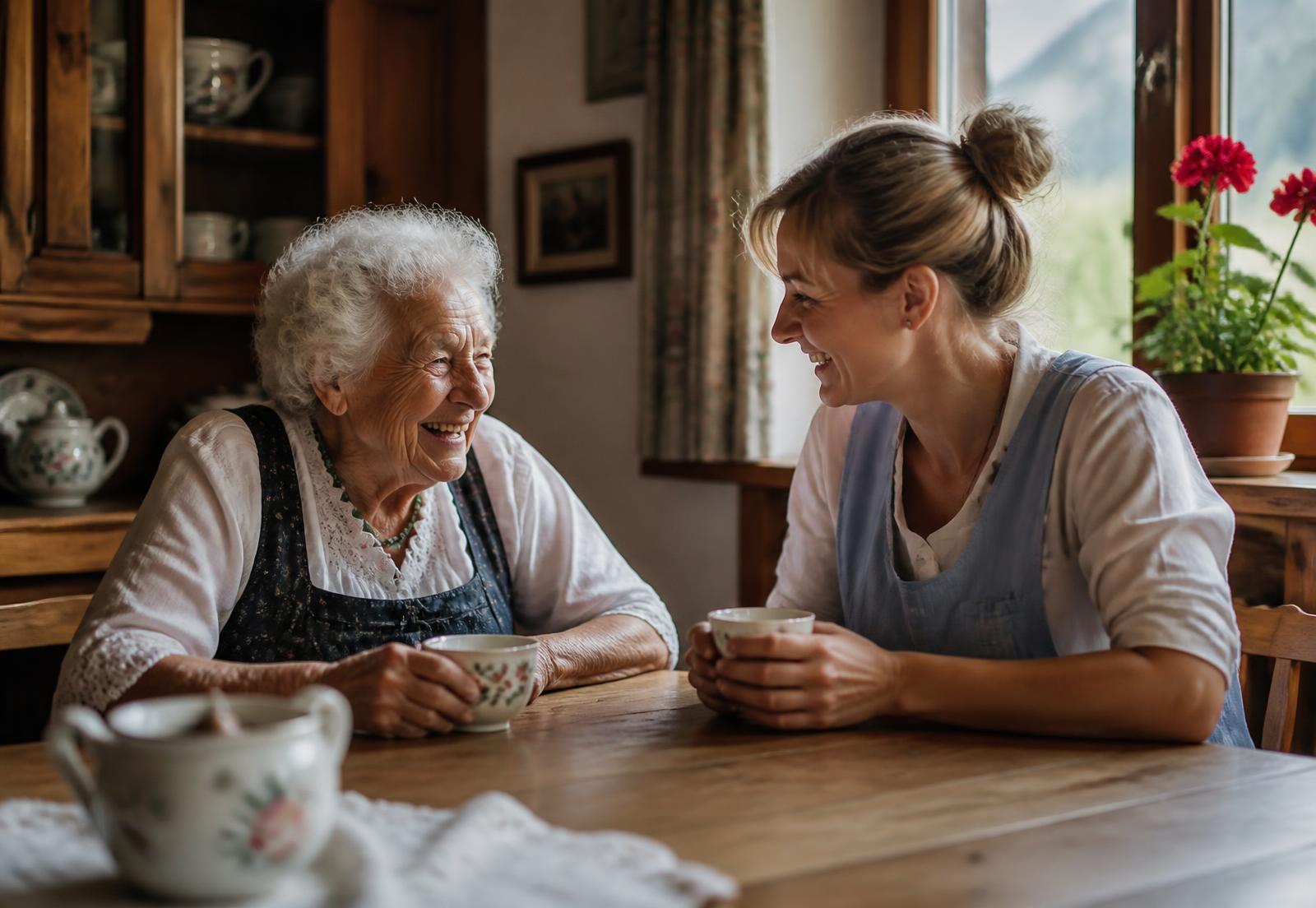 Ältere Frau und ihre Betreuungskraft lachen gemeinsam am Küchentisch in einem oberbayerischen Haus