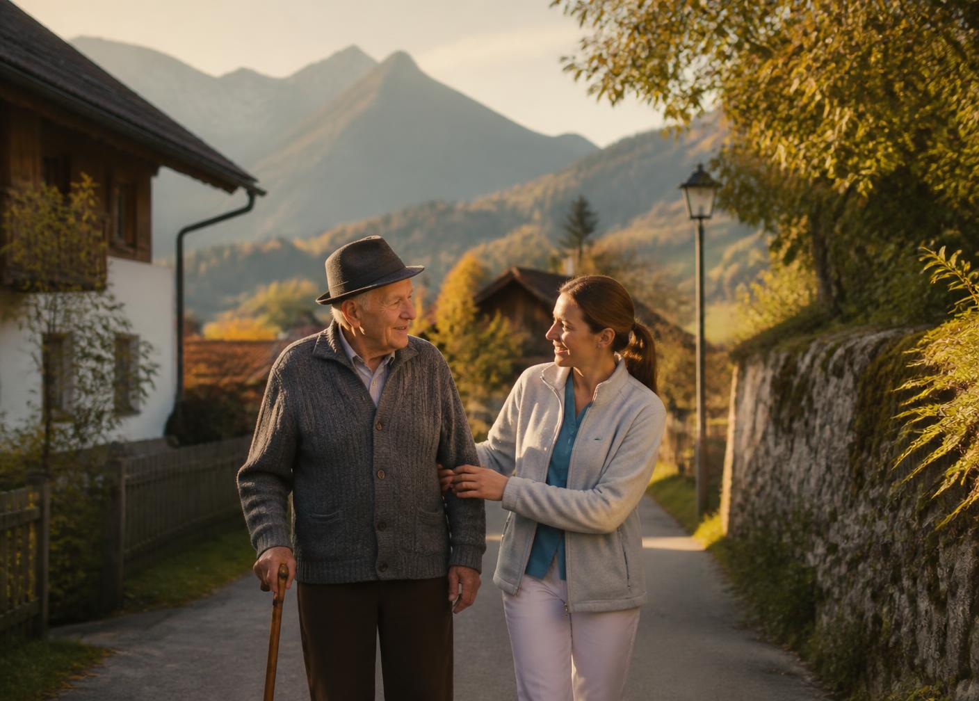 Betreuungskraft begleitet einen älteren Herrn beim Spaziergang durch ein oberbayerisches Dorf